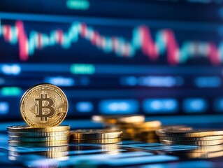 Leinwandbilder - Golden Bitcoin Coins Stacked in Front of Cryptocurrency Market Trend Graph : Generative AI