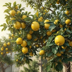 Wall Mural - Infected lemon trees with yellowing and black spot disease on their leaves, citrus tree stress, citrus leaf problems