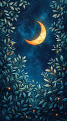 Wall Mural - painting of a moon and leaves with a blue sky background. the moon is orange and the leaves are gree