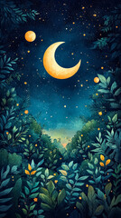 Wall Mural - painting of a moon and leaves with a blue sky background. the moon is orange and the leaves are gree