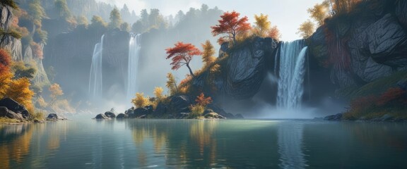 Wall Mural - misty morning on a still lake with a waterfall, foggy conditions, peaceful atmosphere, lake surface