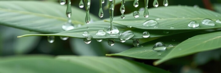 Wall Mural - Multiple water drops fall in quick succession, hitting the surface of multiple leaves with a soft and soothing sound, falling raindrops, gentle hits, green foliage