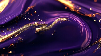 Aufkleber - Abstract Purple and Gold Liquid Texture with Metallic Swirls and Glitter Accents : Generative AI