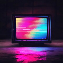 Leinwandbilder - Retro television displays vivid static noise with colorful glitch patterns in a darkened environment. Generative AI