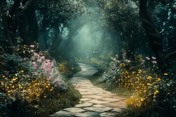 Wall Mural - Enchanting forest pathway  a serene scene of lush greenery and magical misty ambiance