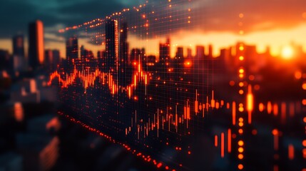 Leinwandbilder - Digital City Financial Data Overlay with Vibrant Sunset Background : Generative AI