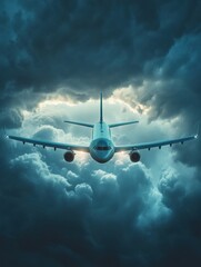 Poster - Clouds parting as a commercial airplane ascends through a stormy sky at dusk, evoking a sense of adventure and travel. Generative AI