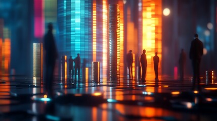 Fototapete - Colorful Neon Cityscape with Abstract Figures and Vertical Light Towers : Generative AI