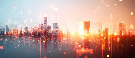 Wall Mural - a futuristic city skyline with abstract data visualizations and glowing elements representing techno