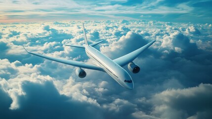Poster - Passenger airplane flying high above fluffy white clouds during sunset in clear blue sky. Generative AI