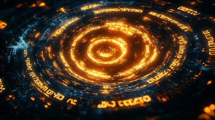 Aufkleber - Futuristic Digital Data Tunnel with Glowing Orange Text and Abstract Design : Generative AI