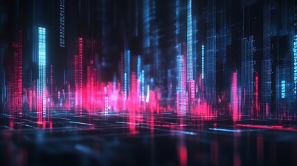 Poster - Abstract Tech Landscape with Luminous Red and Blue Data Visual Effects : Generative AI