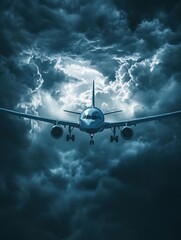 Aufkleber - Flying through ominous storm clouds at twilight with a commercial airplane. Generative AI