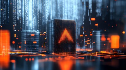 Fototapete - Three-Dimensional Orange Data Cube with Emerging Digital Elements and Arrow Design : Generative AI