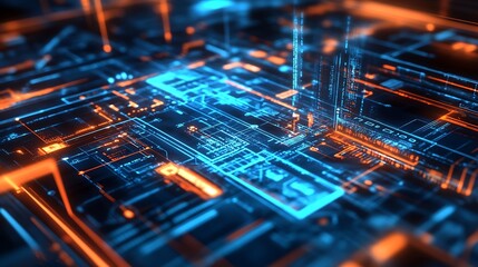 Poster - Futuristic Technology Circuit Board in Blue and Orange Colors : Generative AI