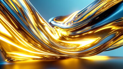 Poster - Abstract gold and silver liquid shapes reflecting light against a blue background : Generative AI