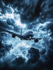 Poster - Airplane flying through dark stormy clouds at twilight with dramatic lighting and ominous weather conditions. Generative AI