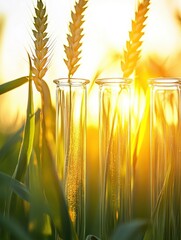 Aufkleber - Sunset rays illuminating wheat ears and test tubes in a golden field setting. Generative AI
