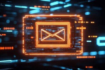 Fototapete - Glowing Cyberpunk Neon Mail Icon in a Digital Matrix Environment : Generative AI