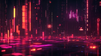 Fototapete - Futuristic Neon Digital Matrix with Glowing Red and Pink Lights : Generative AI