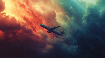 Aufkleber - Airplane flying through dramatic colorful clouds at sunset creating a vibrant sky. Generative AI