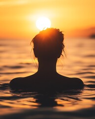 Poster - Reflective Silhouette of Woman Enjoying Sunset over Ocean Waves : Generative AI