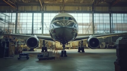 Poster - Aircraft undergoing maintenance in a hangar with tools and equipment visible during daylight hours. Generative AI
