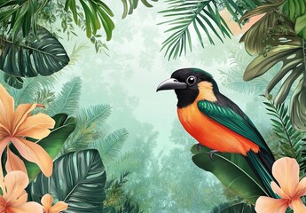 tropical plants wallpaper design jungle background big bird