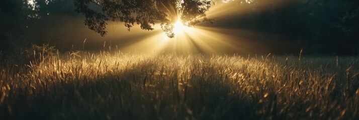 Aufkleber - Golden rays streaming through ripe wheat ears in a tranquil early morning setting. Generative AI