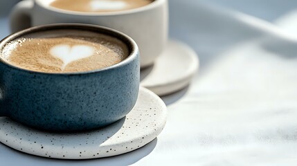 Wall Mural - Latte art heart pattern in frothy coffee served in modern speckled ceramic cup and saucer set against bright minimalist background. For cafe menu and social media.