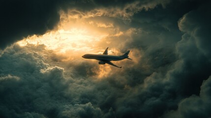 Fototapete - Airplane flying through dark clouds during sunset creating a dramatic atmosphere in the sky. Generative AI