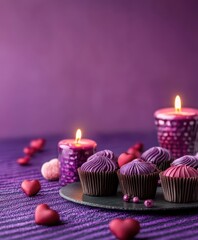 Wall Mural - Delight in the romance of Valentine's Day with vibrant purple and red cupcakes, each topped with flickering candles, ready to sweeten your celebration.