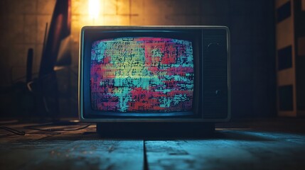 Poster - Retro television displays vibrant static noise and colorful glitch patterns in a dimly lit room at night. Generative AI