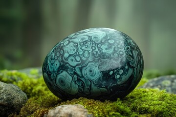 A mesmerizing teal malachite stone with swirling patterns rests on a bed of vibrant green moss.