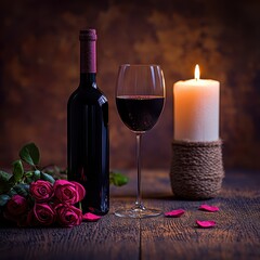 Wall Mural - A romantic setting with a bottle of wine and a glass, ready to toast to love, surrounded by soft candlelight and hearts whispering sweet nothings.