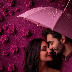 Wall Mural - A couple shares a tender kiss beneath a colorful umbrella, surrounded by a stunning wall of vibrant roses, capturing the essence of romance on Valentine's Day.