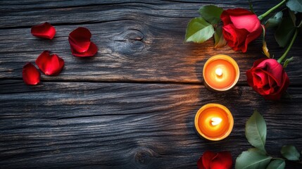 Wall Mural - Soft candlelight flickers as red roses bloom beside scattered petals, creating a romantic ambiance on a rustic wooden table for love's celebration.