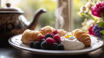 Wall Mural - A breakfast plate featuring mini croissants, a swirl of Greek yogurt, and fresh berries, captured mid-moment as honey is drizzled over the yogurt, creating a golden ribbon of sweetness. 