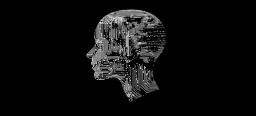 illustration of a digital human head profile made from binary code and circuit board lines, an artificial intelligence concept background design Generative AI