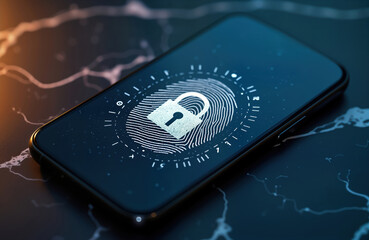 Aufkleber - Mobile phone screen shows fingerprint scan, padlock icon. Illustrates mobile phone security system. Modern tech. Biometric access. Digital security. Illustration of phone security concept. Secure