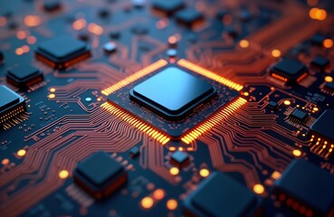 Leinwandbilder - Advanced tech circuit board with glowing copper lines, dark components. Futuristic motherboard with central processing unit. Modern digital hardware in close-up view. Interactive computer part. High