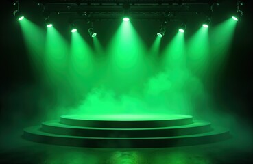 Poster - Empty stage with green spotlights, fog. Dark background. Circular platform. Ideal for product presentation event backdrop. Futuristic, dramatic setting. Possible use for art photography commercial