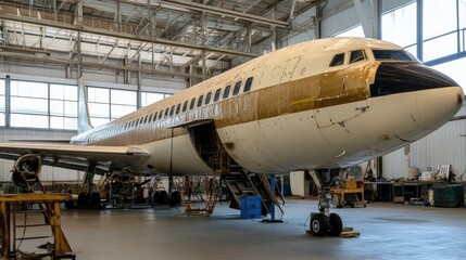 Aufkleber - Vintage airplane restoration project in a large hangar during daylight hours. Generative AI
