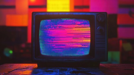 Fototapete - Retro television screen displaying vibrant static noise and colorful glitch patterns against a dark background. Generative AI