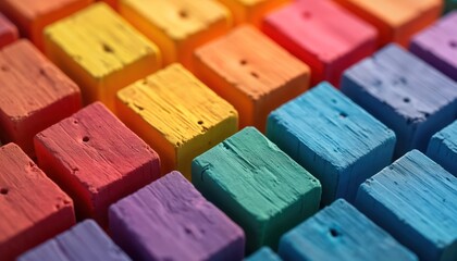 Poster - Colorful wooden cubes arranged in geometric pattern. Abstract design. Vivid colors create vibrant visual effect. 3D render illustration. Great for art projects. Useable as wallpaper tile design.