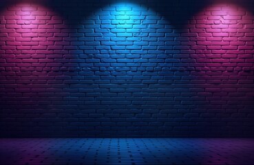 Aufkleber - Empty room with dark brick walls lit by neon purple, blue lights. Urban style interior. Suitable for product display advertising photography. Neon glow adds cool ambiance to brickwork. Grunge texture
