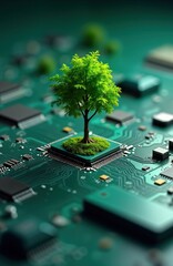 Aufkleber - Eco friendly tech concept. Small tree grows on computer circuit board. Sustainable tech, green computing. Future green, digital. Environmentally responsible innovation. Green, CSR. Image for
