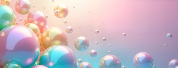 Poster - Abstract background with vibrant pastel colored spheres. Bubbles float in air creating beautiful design. Spheres glossy effect, many colors. Soft colors create tranquil atmosphere. Rainbow shades of