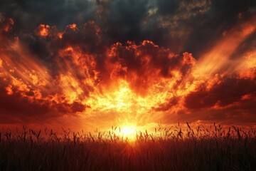 Poster - Golden rays illuminate wheat fields at sunset with dramatic cloud patterns and vibrant colors. Generative AI
