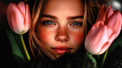 Wall Mural - Young caucasian female surrounded by pink tulips and soft light